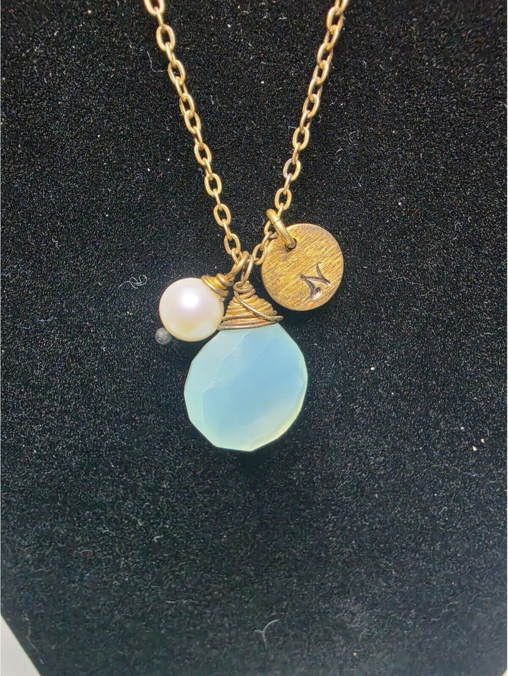 Gold Tone Aqua Chalcedony Initial N Pendant Necklace Wire Wrapped Pearl Charm 20